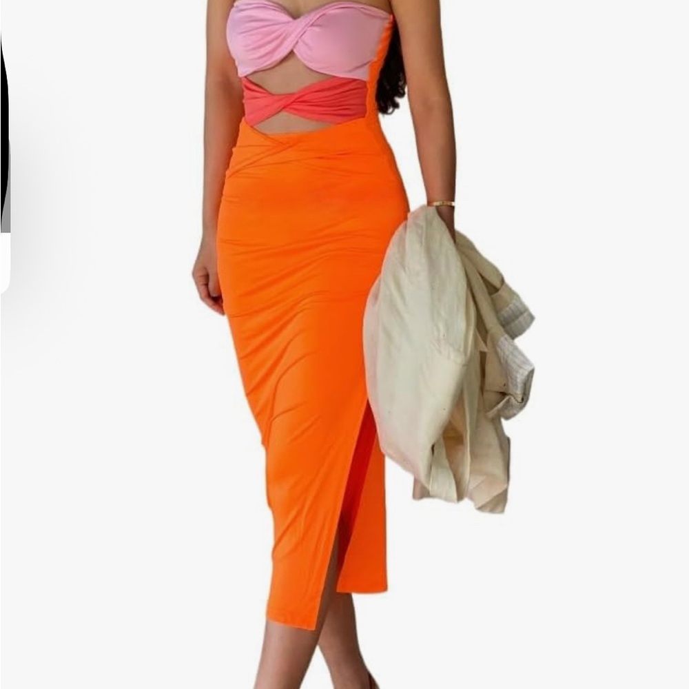 Colorblock Pink and Orange Midi Dress